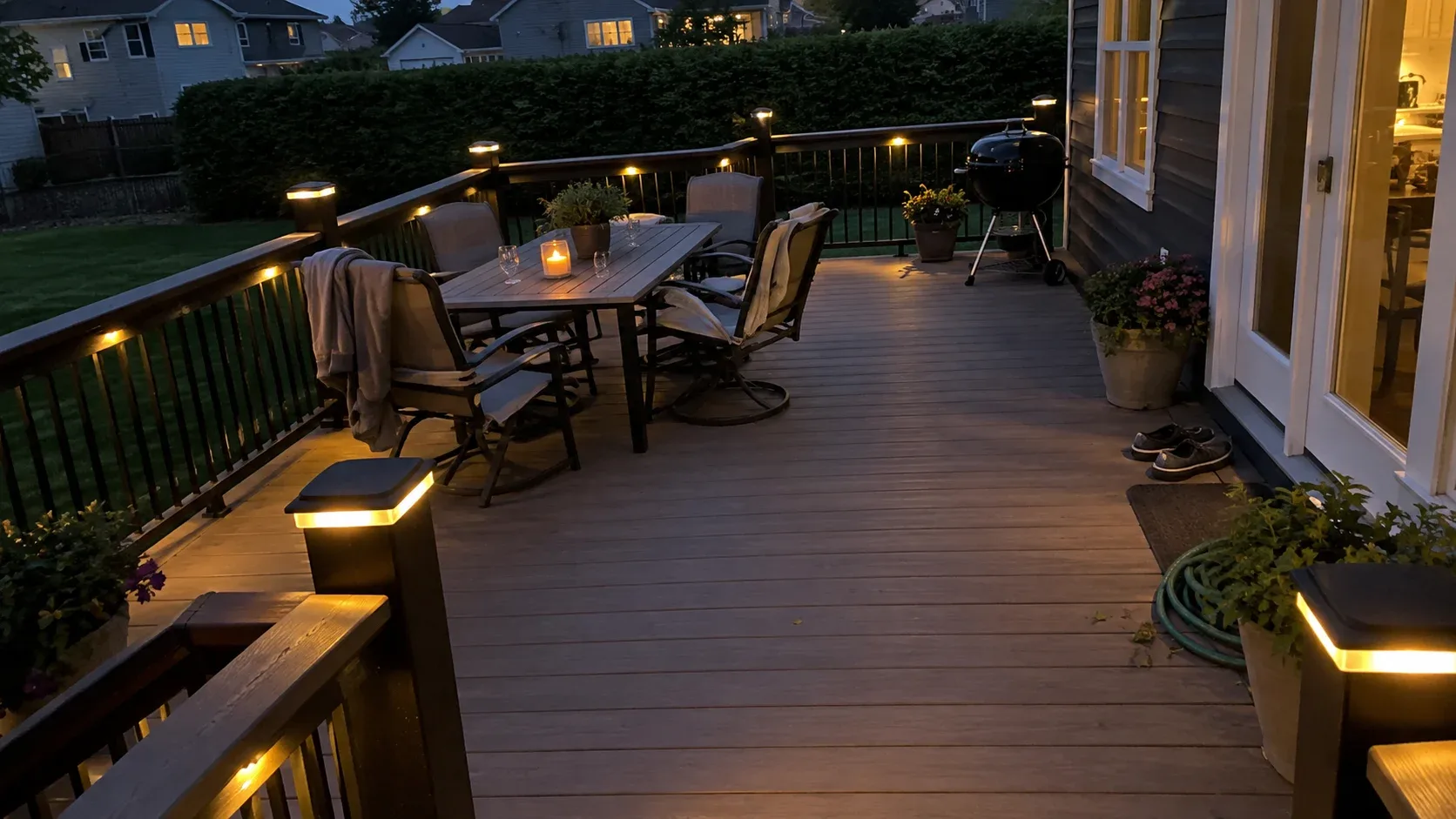 Evening view of a composite deck lit from within the posts and along the stair treads