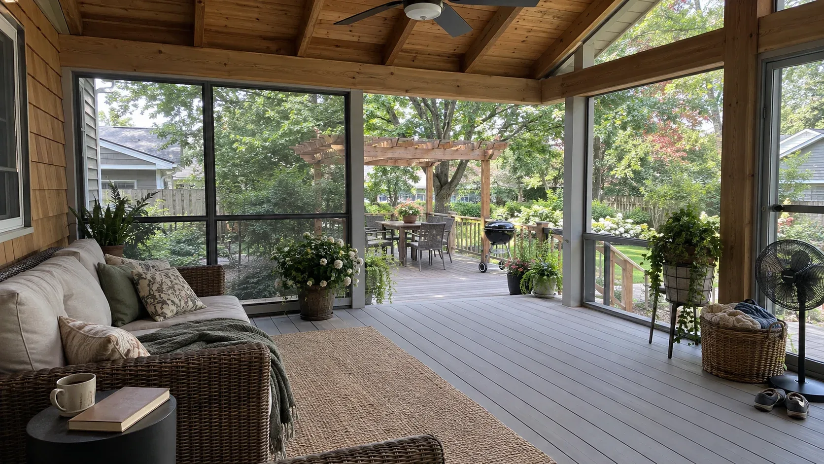 A roofed porch with stained boards overhead and mesh panels along one side