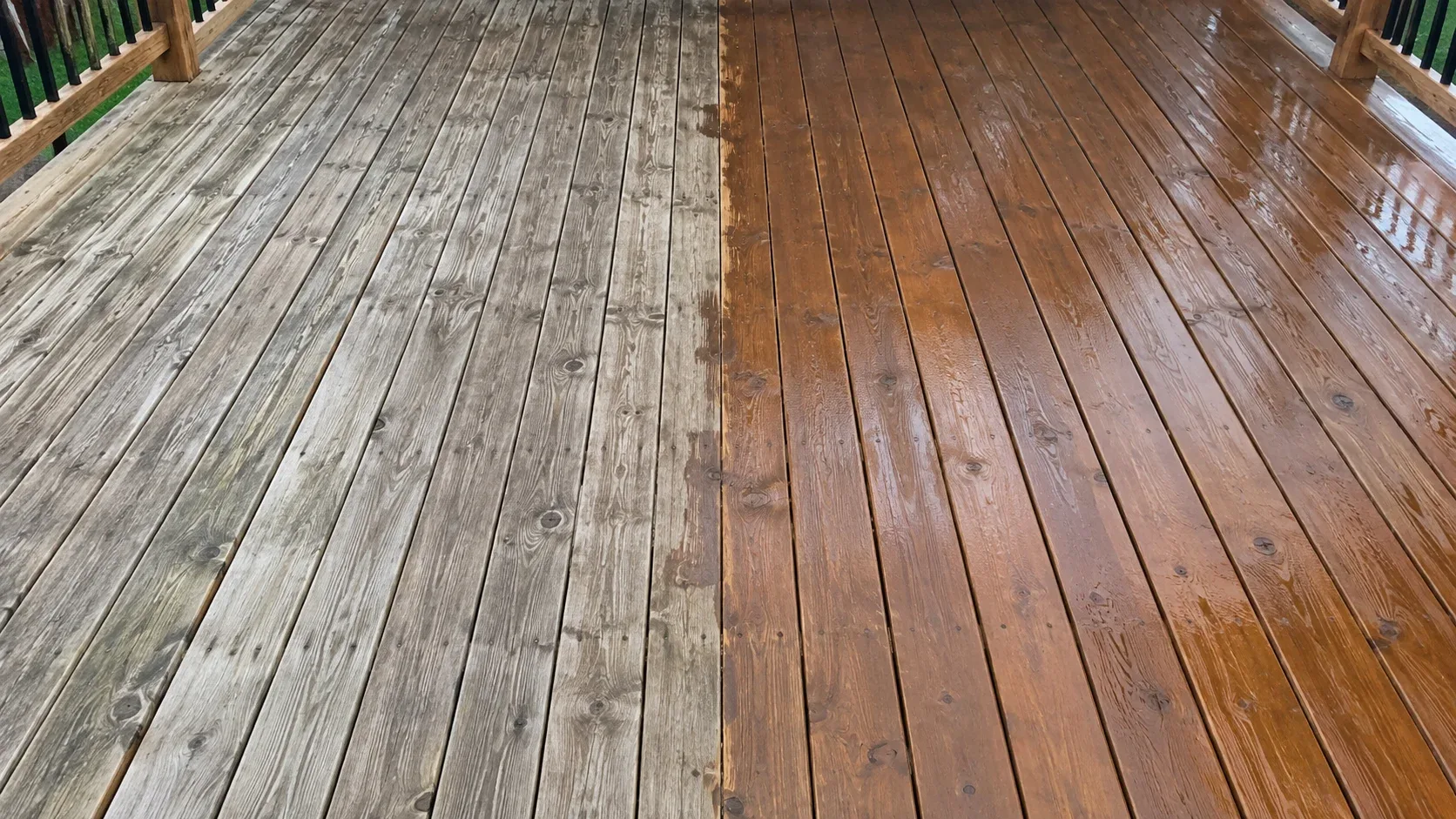 A timber deck photographed mid renewal, silvered planks on the left and freshly coated planks on the right