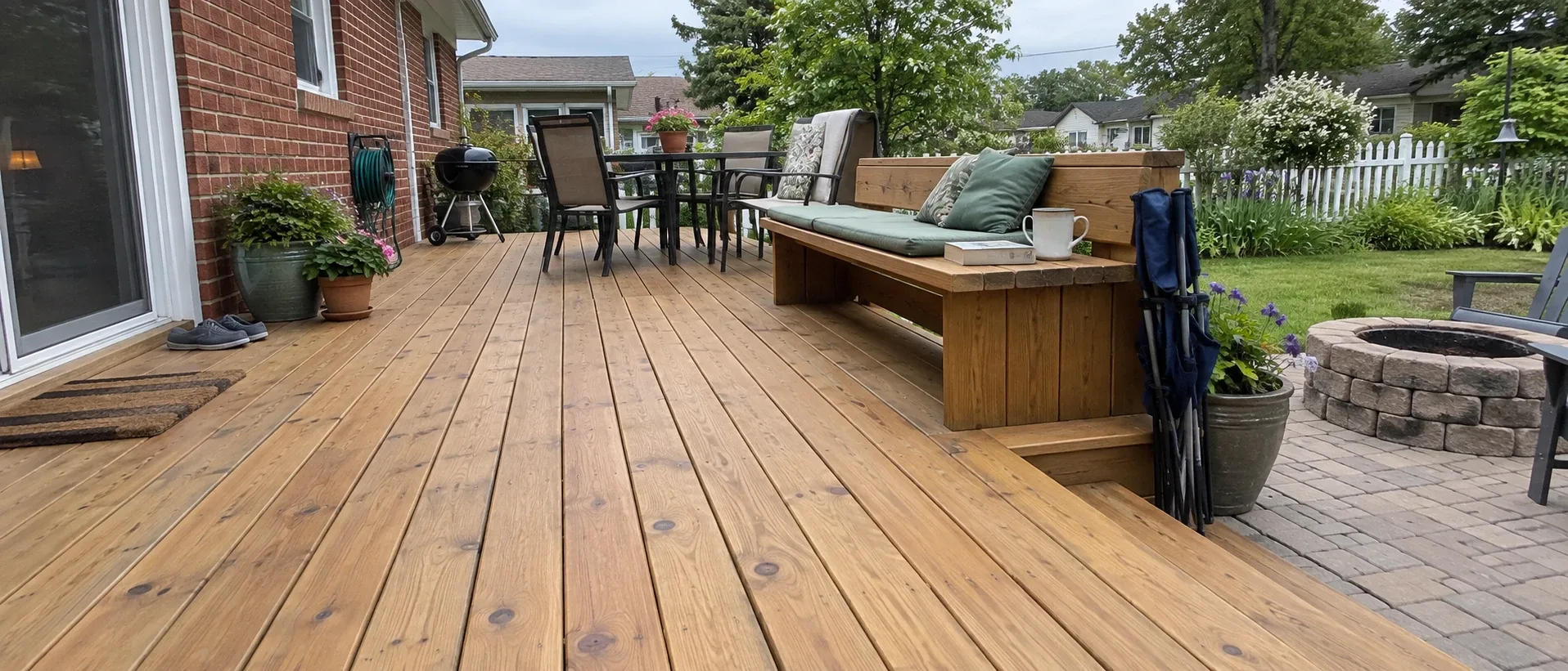 A cedar deck in a warm stain with a long seat built into the rail line